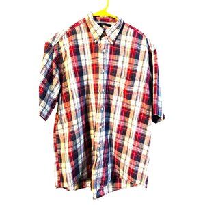 Nautica Mens Large Red & Blue Plaid Short Sleeve Button-Up Shirt